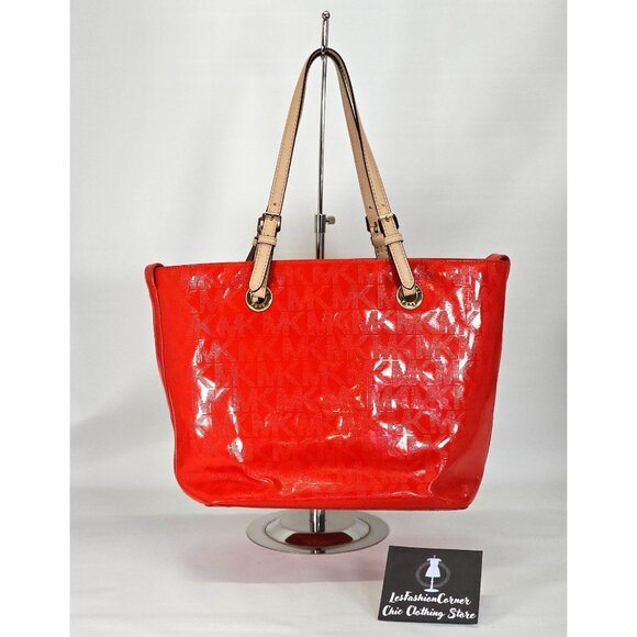 Michael Kors Handbags - Michael Kors Women's Red Leather Jet Set Mirror Metallic Patent Tote Large 1794